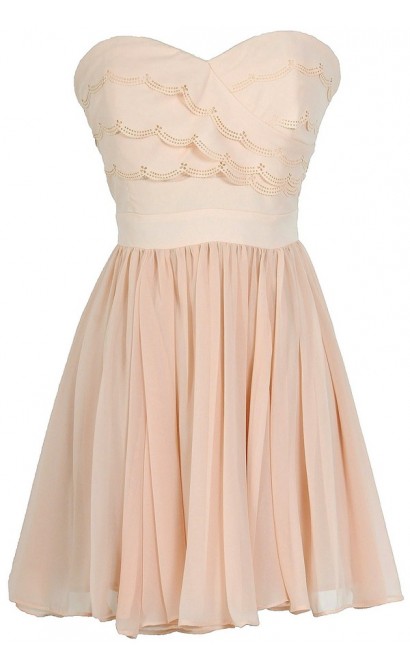 Love Song Tiered Lasercut Strapless Chiffon Designer Dress in Blush